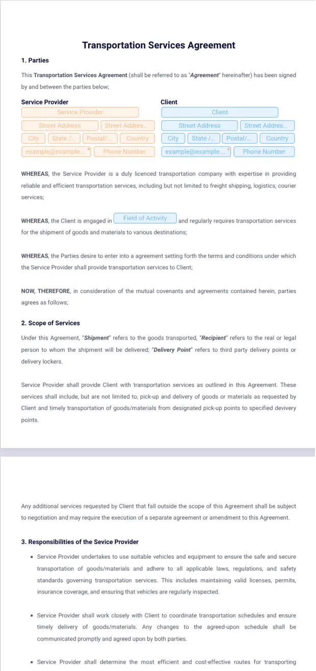 Transportation Services Agreement PDF Templates Jotform