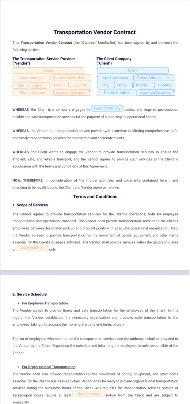 Transportation Vendor Contract Template