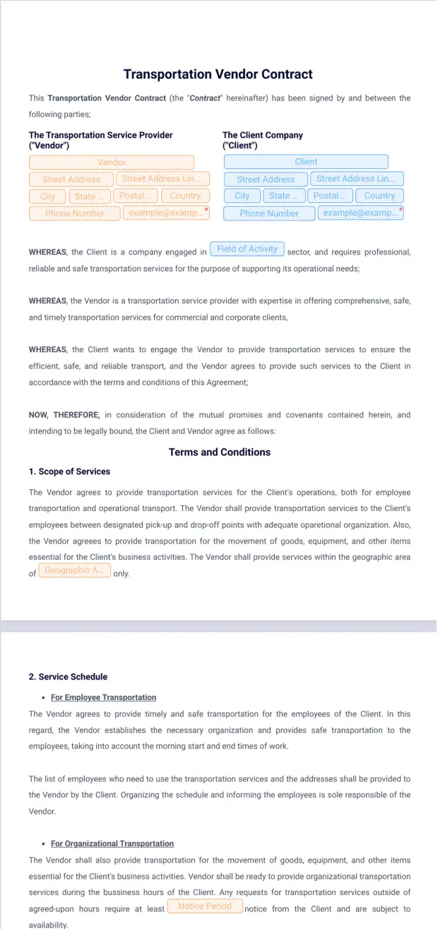 Transportation Vendor Contract Template - PDF Templates | Jotform