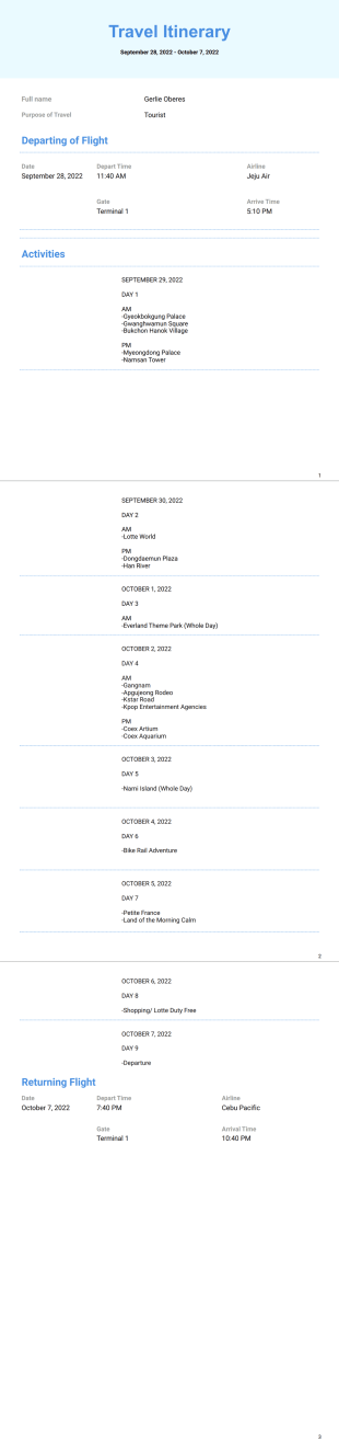 Travel Itirenary PDF Template