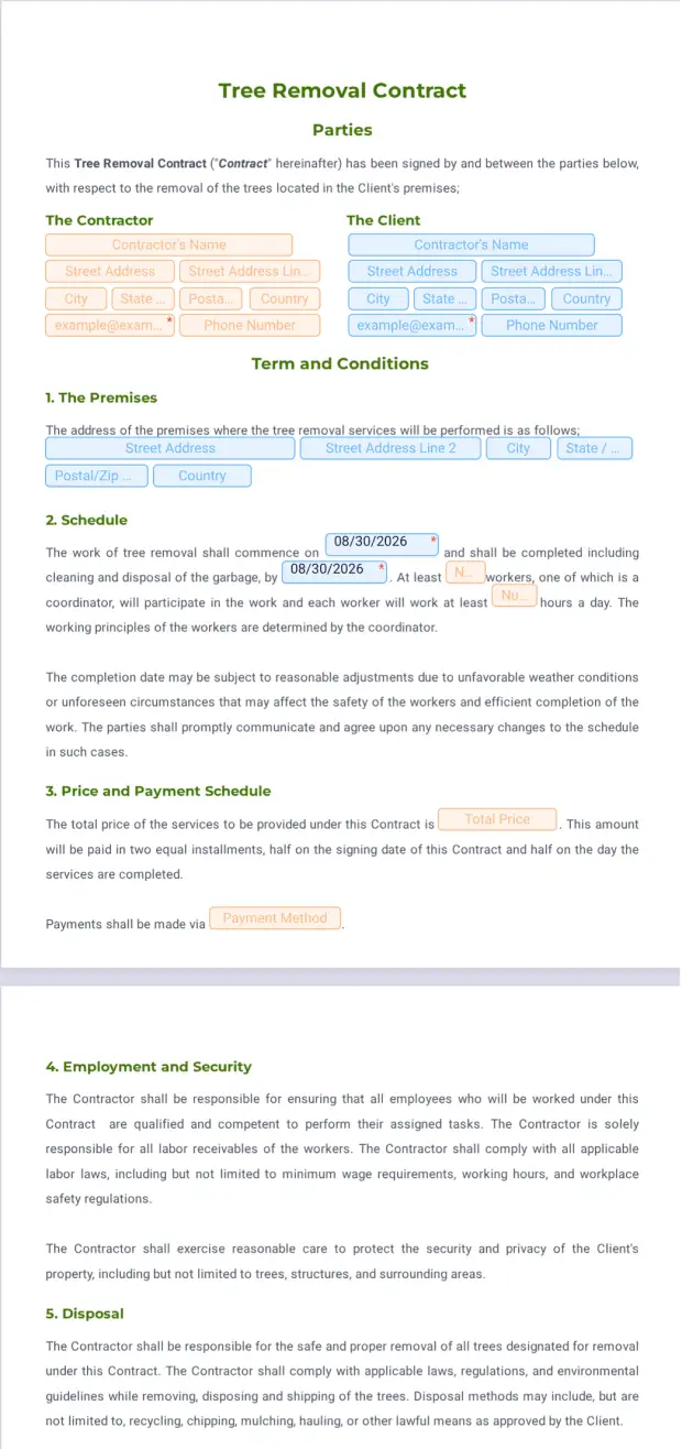 Tree Cutting Contract Example Tree Removal Contract PDF Template | Jotform