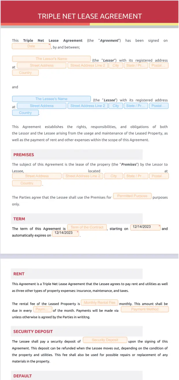 Triple Net Lease Agreement PDF Template Jotform