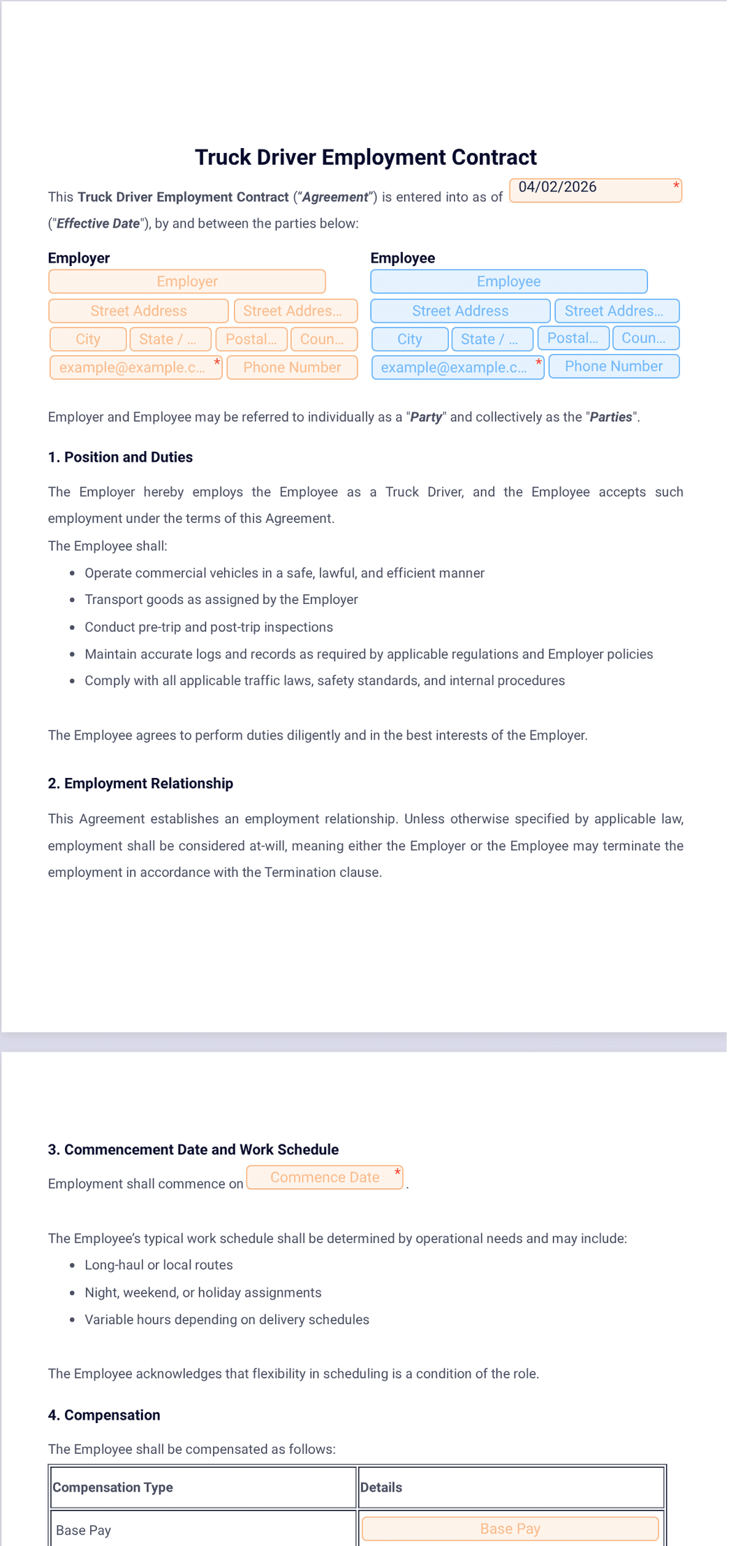 Truck Driver Employment Contract Template - PDF Templates | Jotform