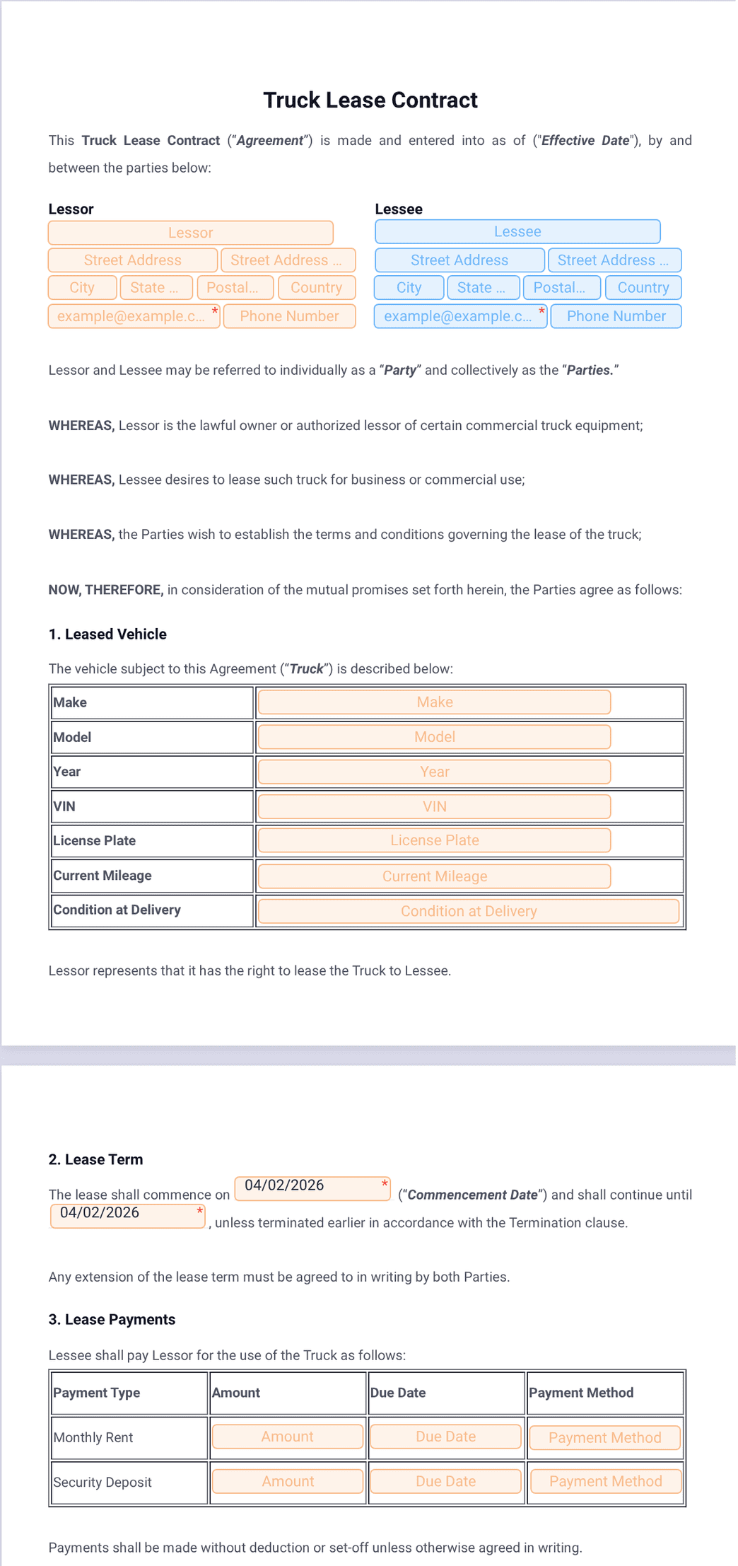 Truck Lease Contract Template PDF Templates Jotform