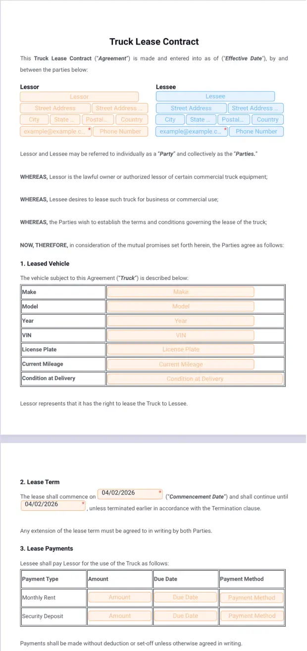 Truck Lease Contract Template