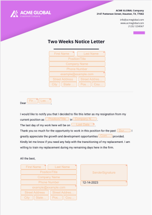 Two Weeks Notice Letter PDF Template
