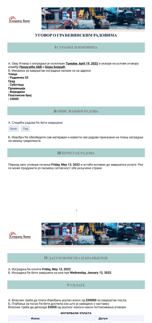 Уговор о грађевинским радовима - PDF Templates