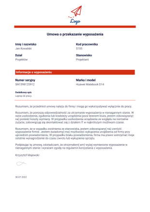 Umowa o Przekazanie Wyposażenia - PDF Templates