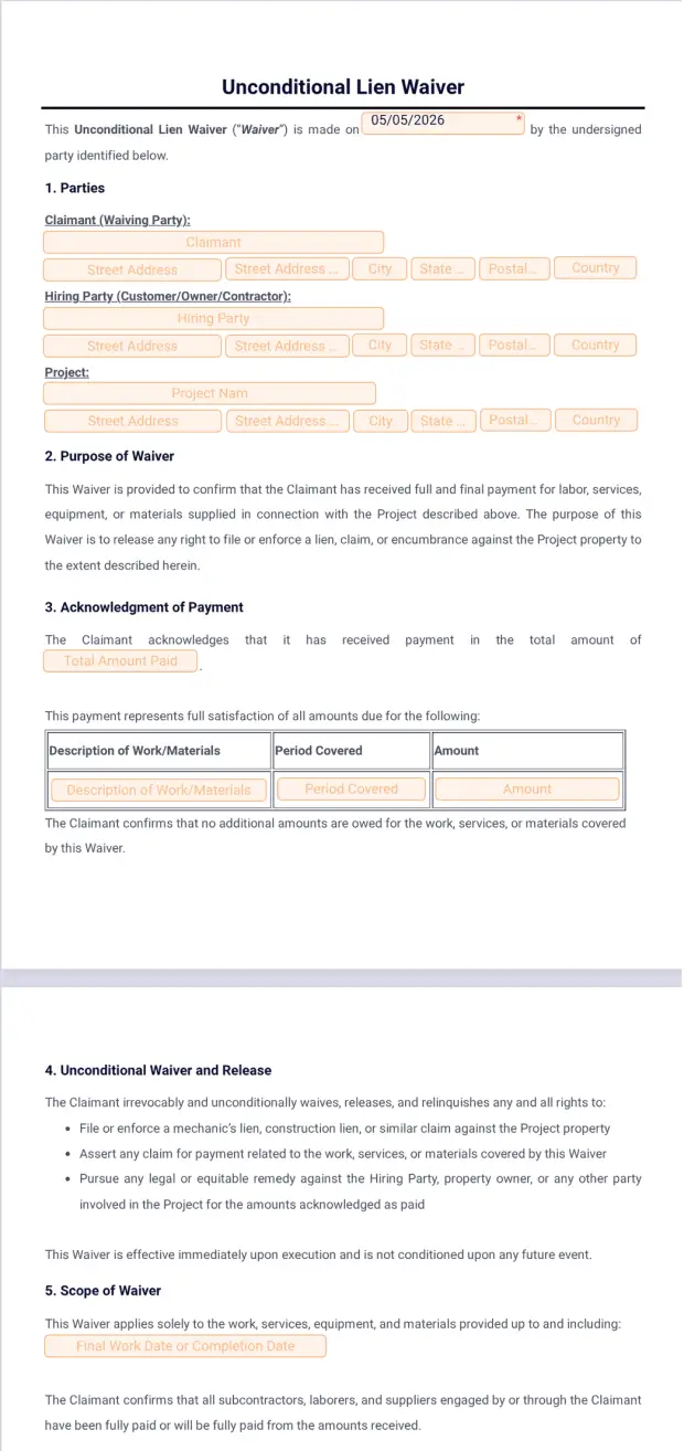 Unconditional Lien Waiver Template - PDF Templates | Jotform