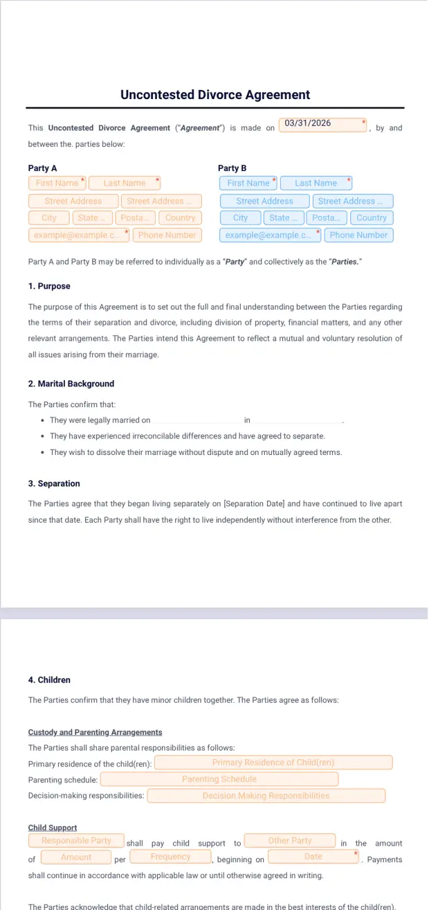 Uncontested Divorce Agreement Template