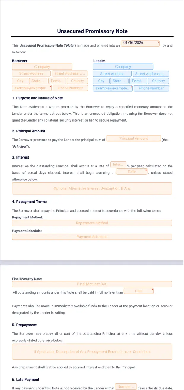 Unsecured Promissory Note Template