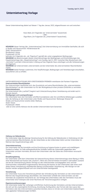 Untermietvertrag Vorlage - PDF-Vorlagen