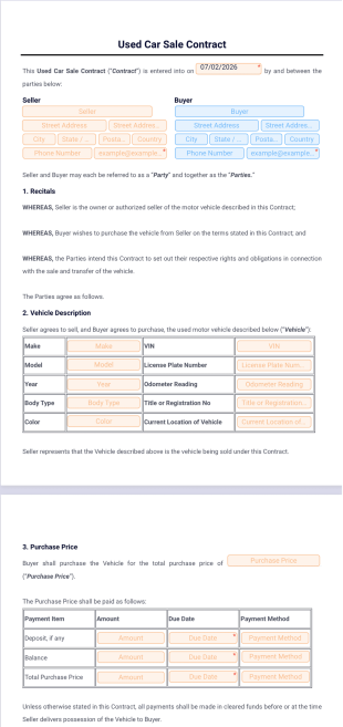 Used Car Sale Contract Template - PDF Templates
