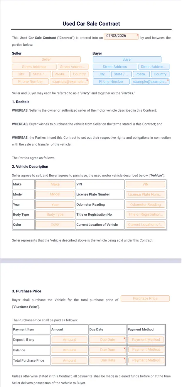 Used Car Sale Contract Template