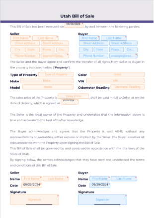 Utah Bill of Sale PDF Template