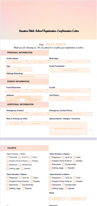 Vacation Bible School Registration Confirmation Letter PDF Template