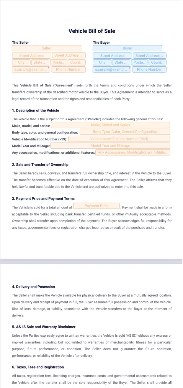 Vehicle Bill of Sale Template