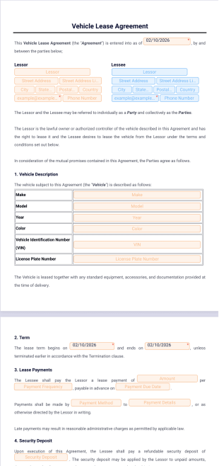 Vehicle Lease Agreement Template - PDF Templates