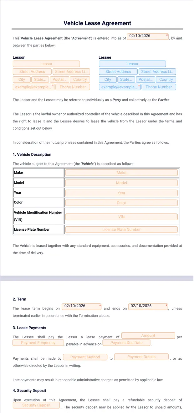 Vehicle Lease Agreement Template