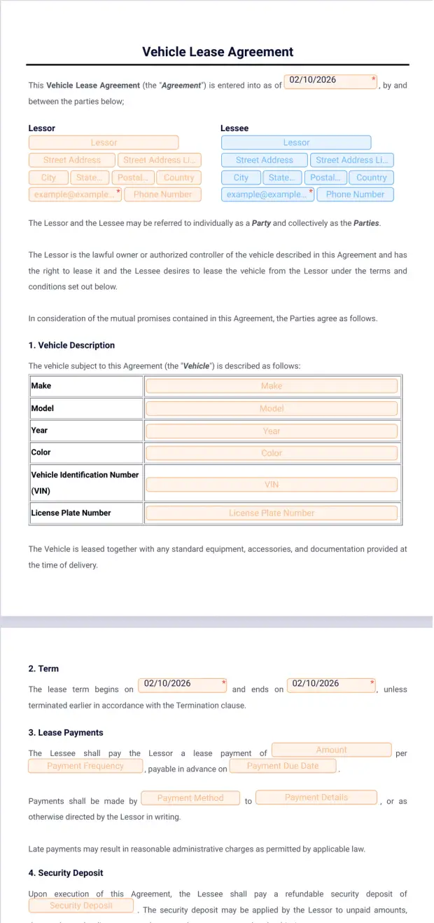 Vehicle Lease Agreement Template PDF Templates Jotform