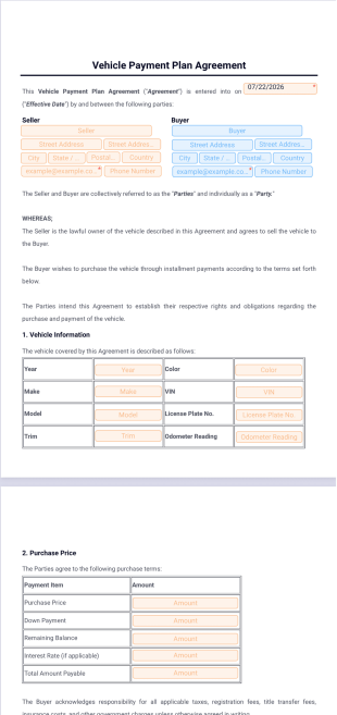 Vehicle Payment Plan Agreement Template - PDF Templates