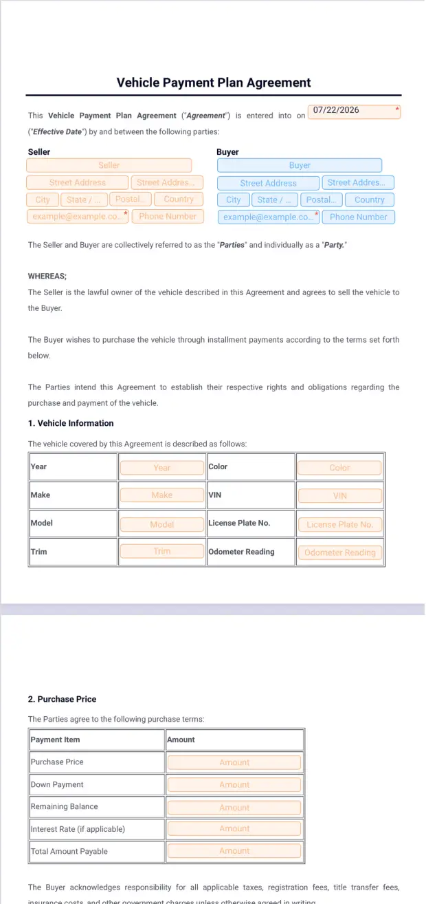 Vehicle Payment Plan Agreement Template