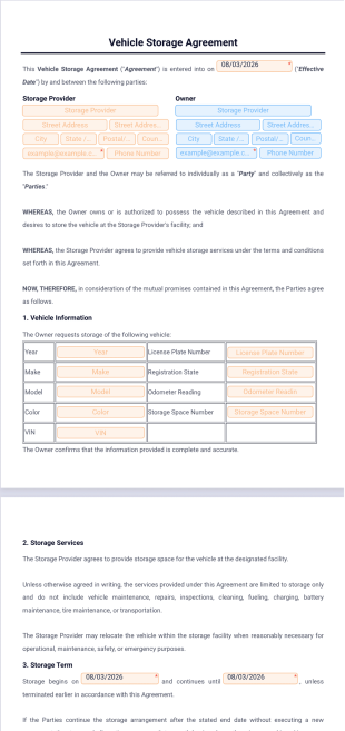 Vehicle Storage Agreement Template - PDF Templates