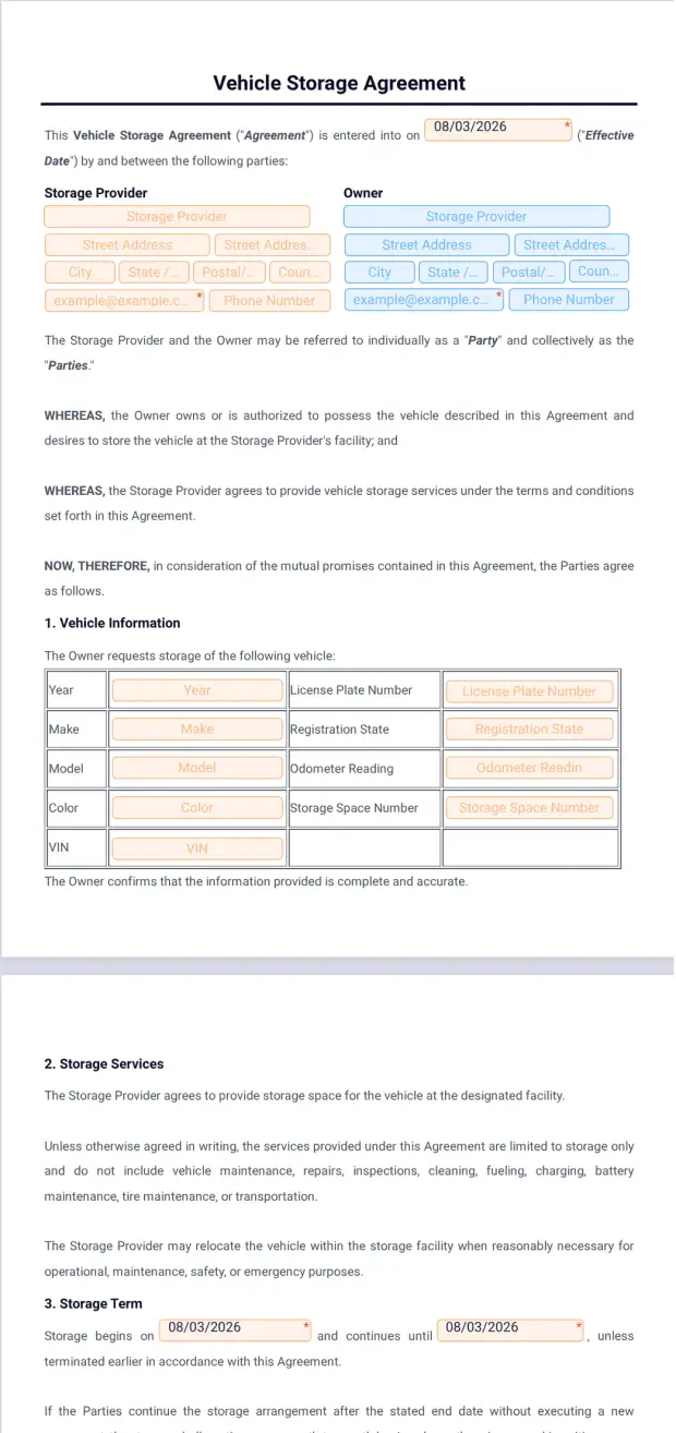 Vehicle Storage Agreement Template