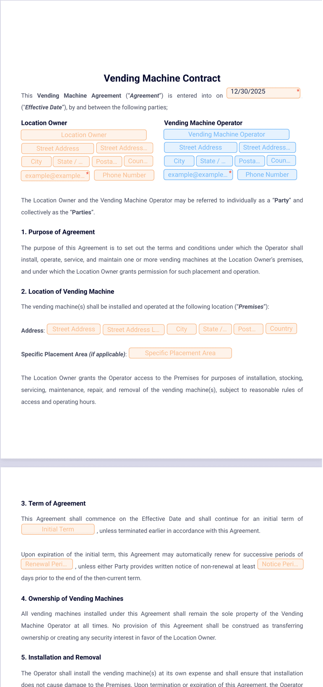 Vending Machine Service Sheets.pdf Vending Machine Contract Template - PDF Templates | Jotform