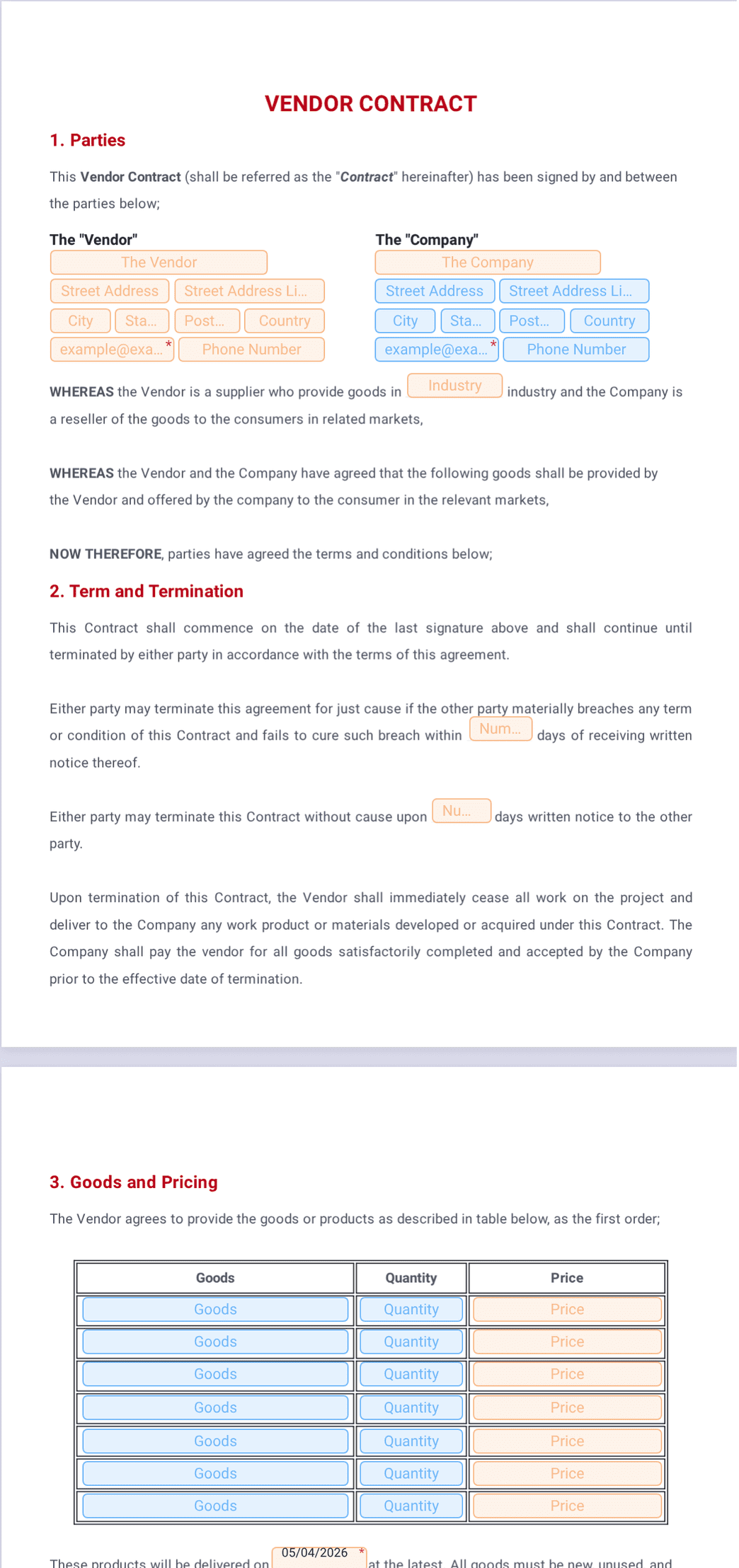 Vendor Contract Template - PDF Templates | Jotform