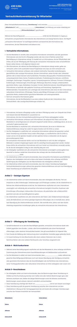 Vertraulichkeitsvereinbarung für Mitarbeiter - PDF Templates