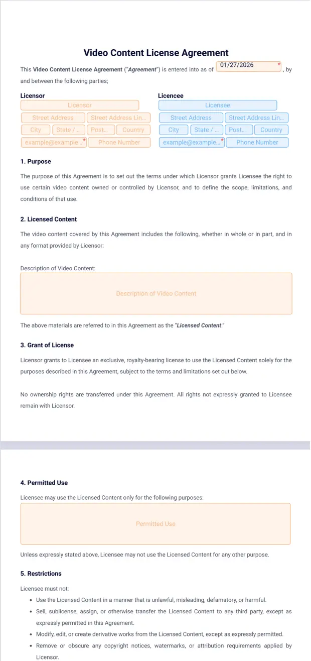 Video Content License Agreement Template