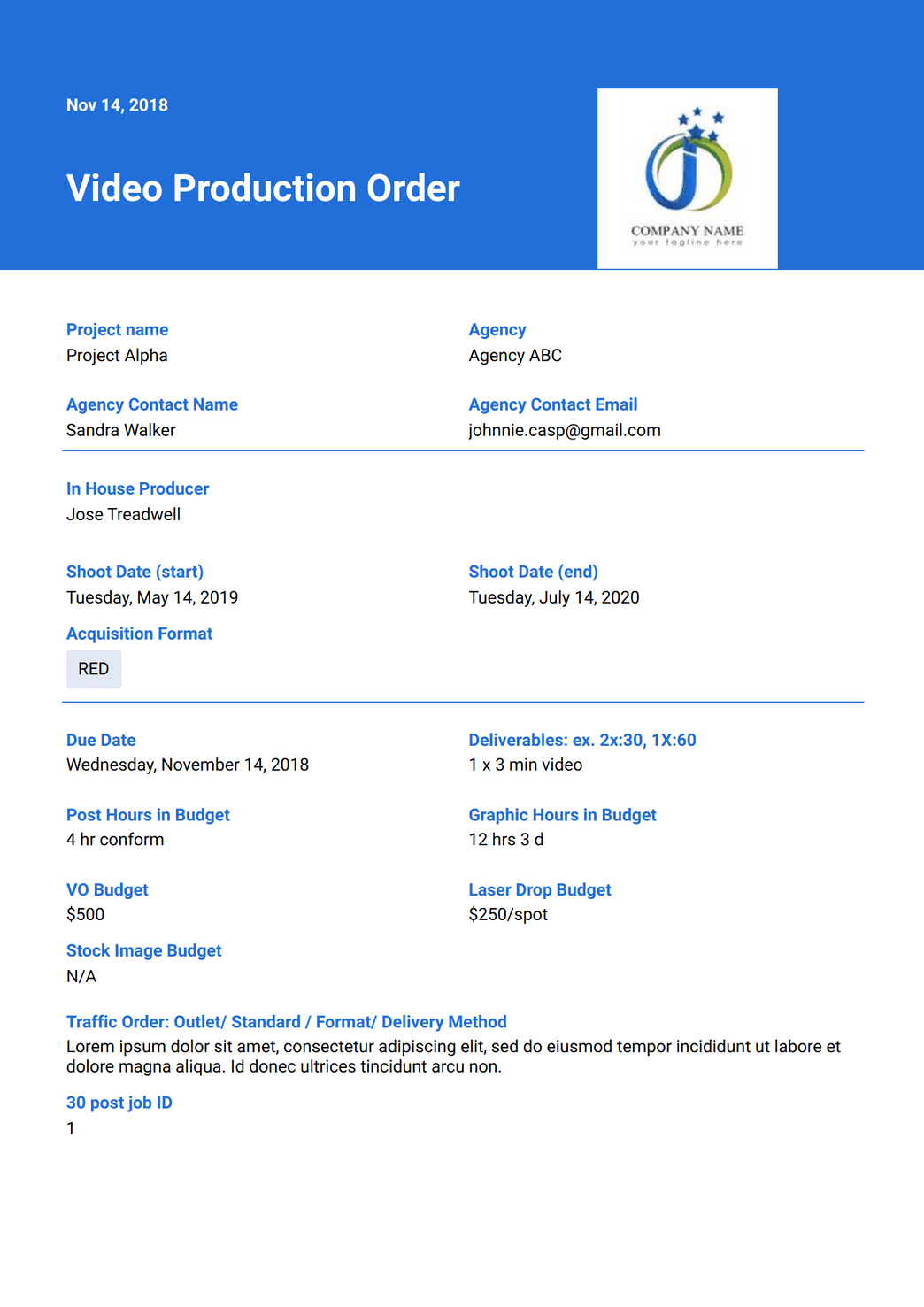 Video Production Order PDF Template | Jotform