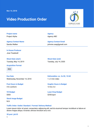 Video Production Order - PDF Templates