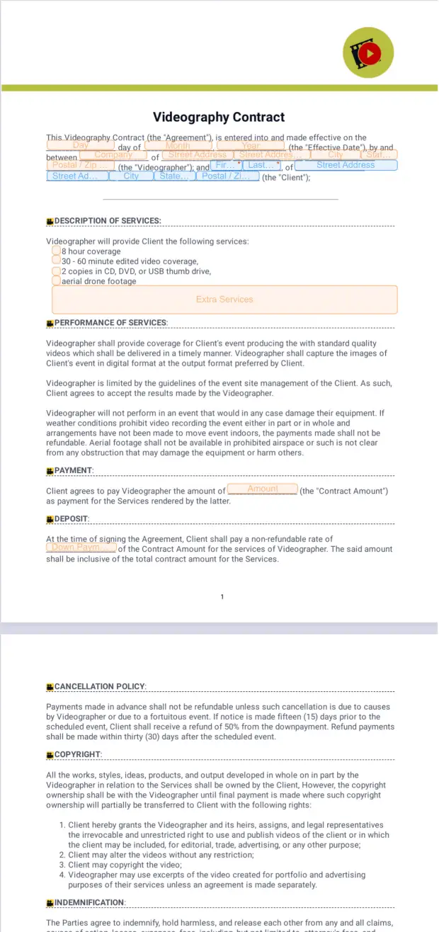 Streaming Contract Videography Contract Template - PDF Templates | Jotform