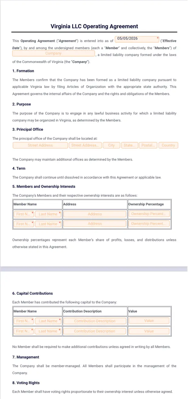 Virginia LLC Operating Agreement Template