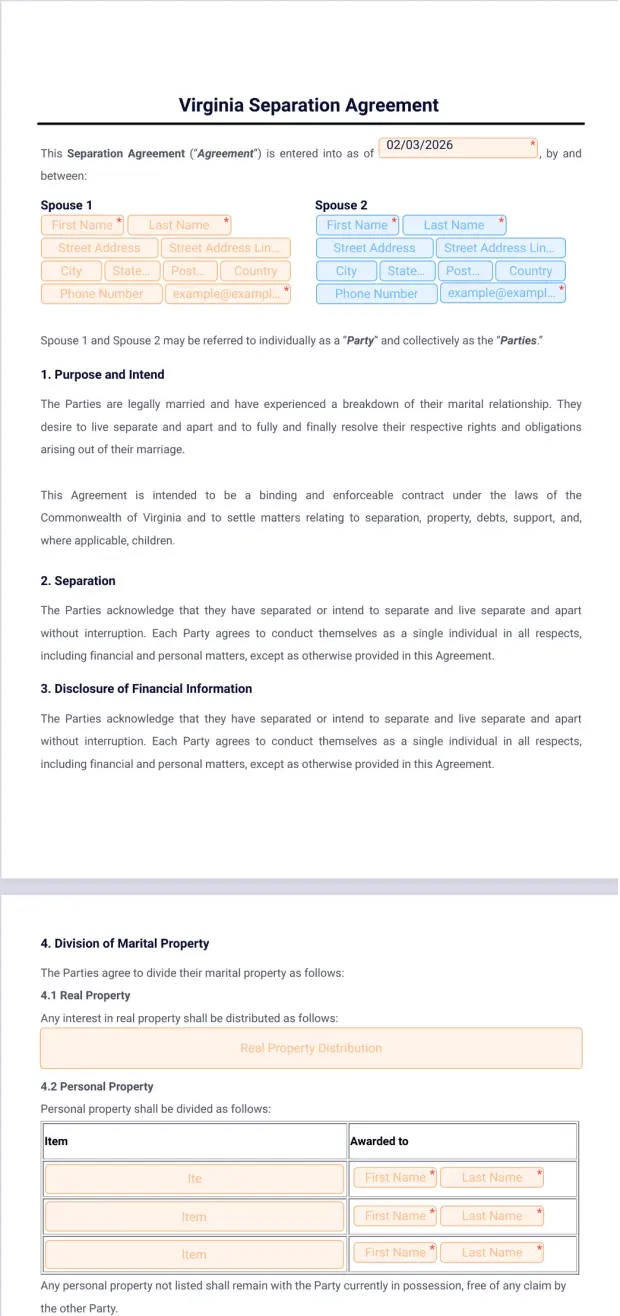 Virginia Separation Agreement Template