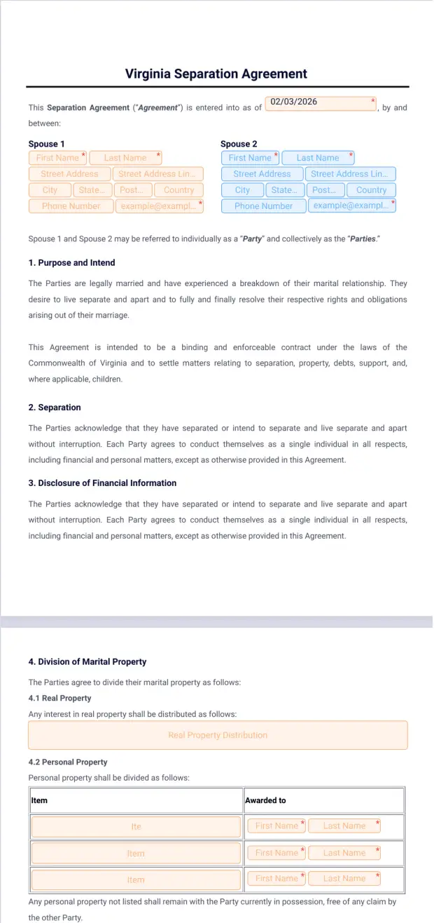 Virginia Separation Agreement Template PDF Templates Jotform