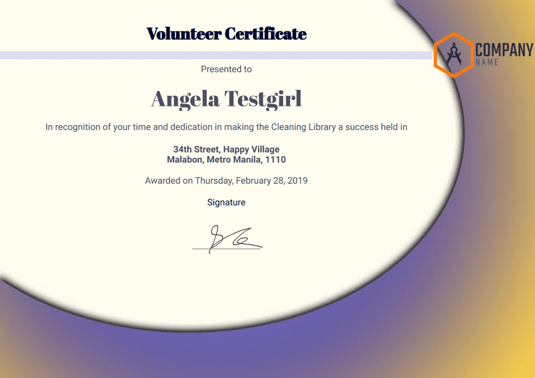 Volunteer Certificate Template - PDF Templates | Jotform