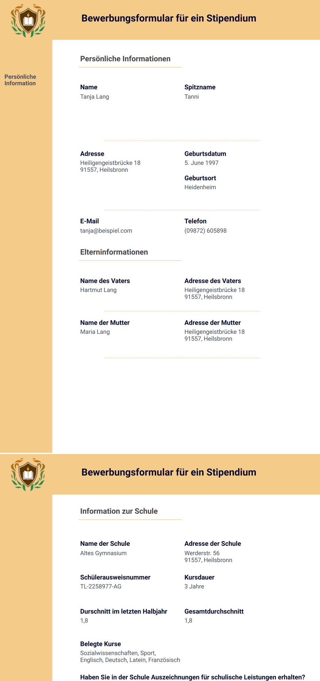 Vorlage für eine Bewerbung um ein Stipendium - PDF-Vorlagen | Jotform