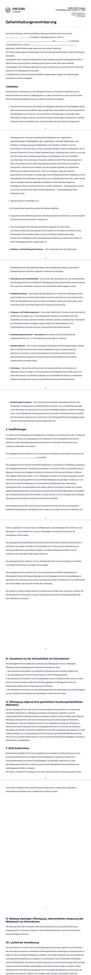 Vorlage für eine Geheimhaltungsvereinbarung - PDF-Vorlagen