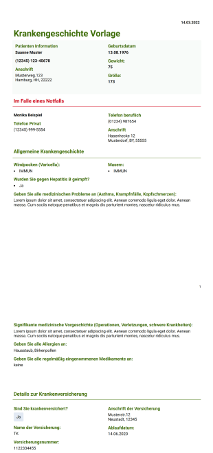 Krankengeschichte Vorlage - PDF-Vorlagen