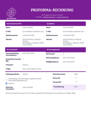 Vorlage für eine Proforma-Rechnung - PDF-Vorlagen
