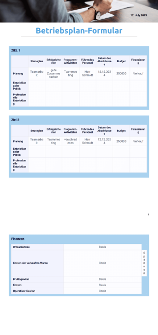 Vorlage für einen Betriebsplan - PDF Templates