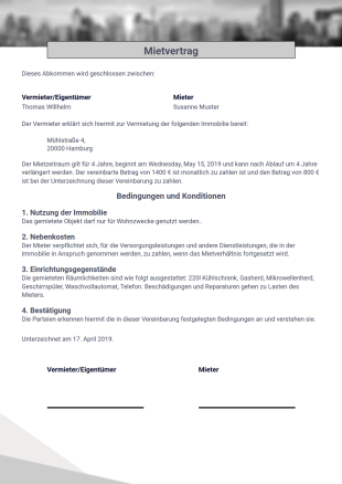 Vorlage für einen einfachen einseitigen Mietvertrag - PDF-Vorlagen