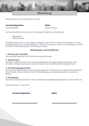 Vorlage für einen einfachen einseitigen Mietvertrag - PDF-Vorlagen