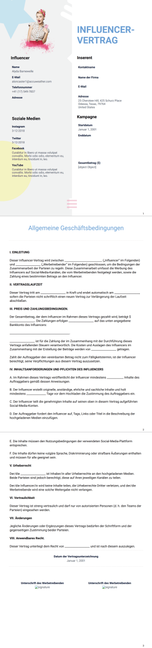 Vorlage für einen Influencer-Vertrag - PDF Templates