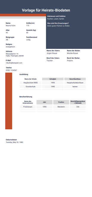 Vorlage für Heirats-Biodaten - PDF Templates