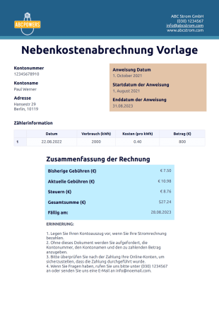 Nebenkostenabrechnung Vorlage Strom - PDF Templates