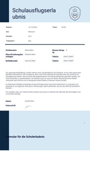 Vorlage für Schulausflugserlaubnis - PDF-Vorlagen